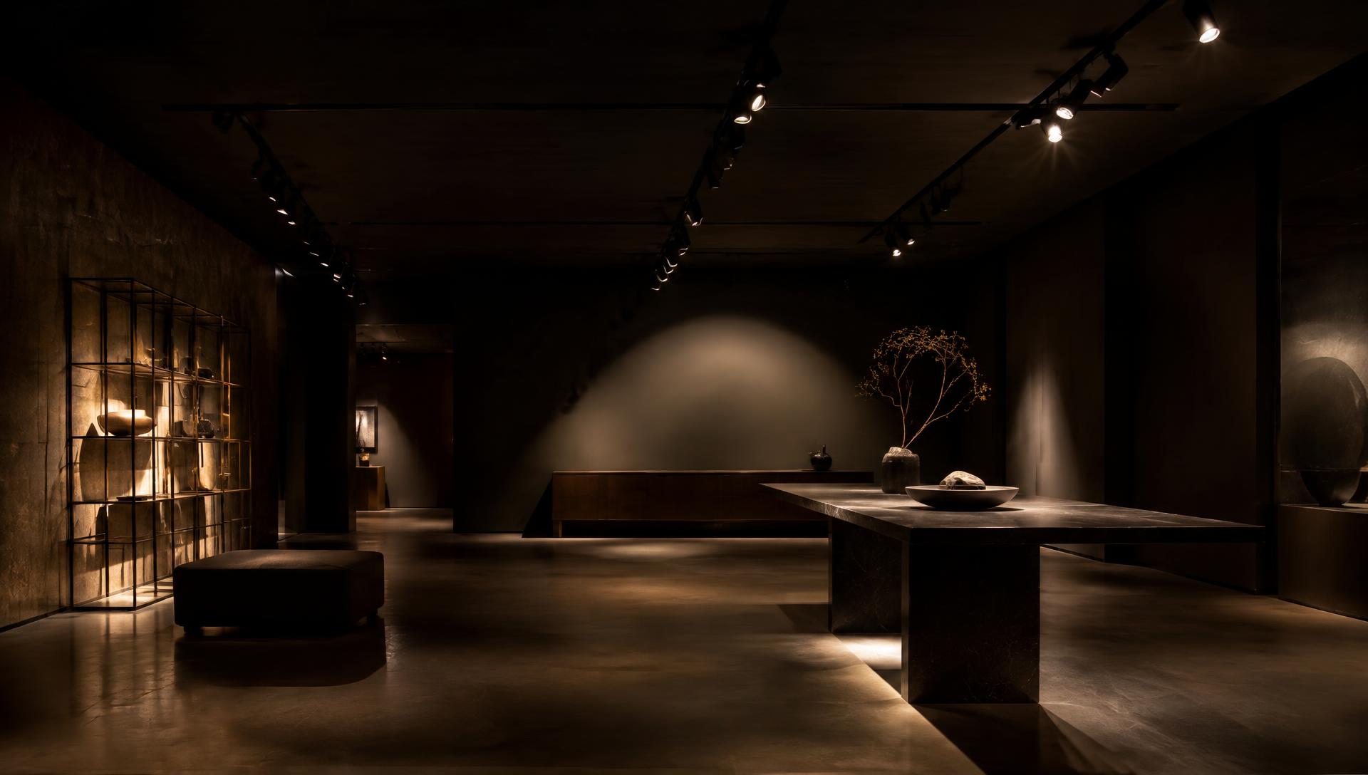 Showroom lit by black LED track spotlights